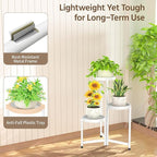 LASZOLA 3 Tiered Plant Stand Indoor Outdoor with Plastic Tray, Corner Folding Tall Flower Display Rack, Modern Plant Holder Shelf for Outdoor Patio Porch Garden Office Living Room, White