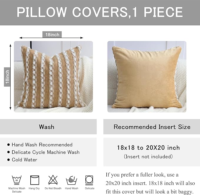 18x18 Boho Pillow Cover - Chenille Tufted Decorative Throw Pillow Cover Velvet Backing, Farmhouse Striped Square Accent Pillow Case for Sofa, Couch, Bedroom, Living Room, Dark Khaki, White