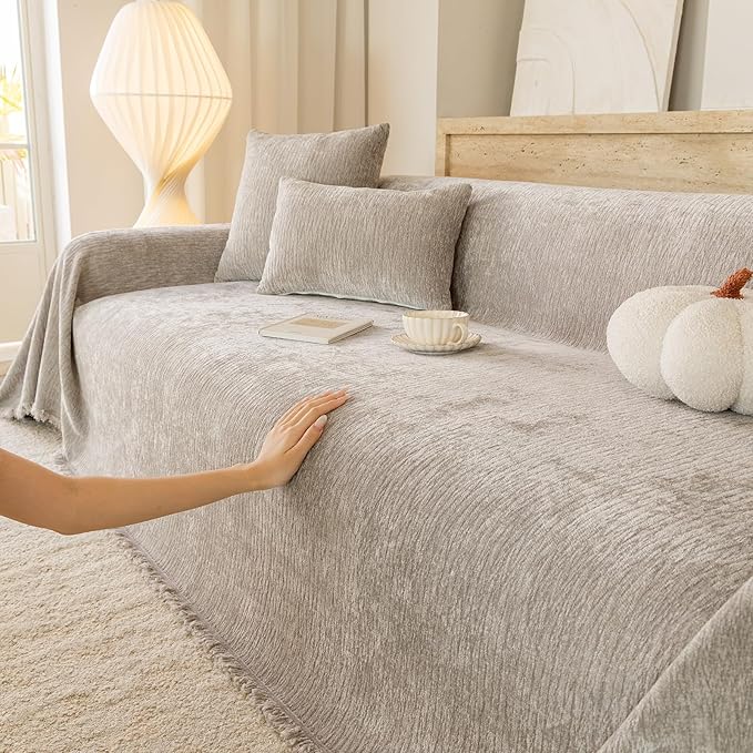ROOMLIFE Sofa Cover, Boho Couch Cover for 3 Cushion Sofa, Non Slip Chenille Sofa Slipcovers for Dog, Washable Furniture Sofa Protector Cover with Tassel for Living Room, 71''X150”