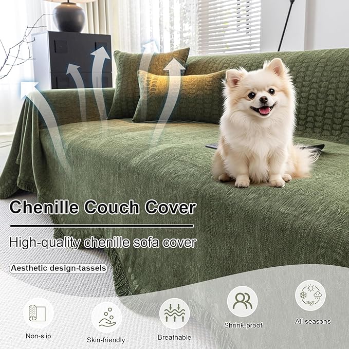 ROOMLIFE Green Sofa Cover, Vintage Boho Couch Cover for 3 Cushion Sofa, Non Slip Soft Chenille Sofa Slipcovers for Dog, Washable Furniture Sofa Protector Cover with Tassel for Living Room, 71''X118”