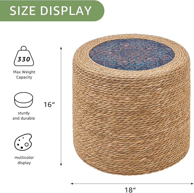 Wimarsbon 18'' Ottoman Pouf, Natural Braided Poof, Rustic Handweave Lounge Pouffe, Boho Footrest Stool for Bedroom, Accent Table for Living Room (18inch Natural Cattail-Boho Style 3)