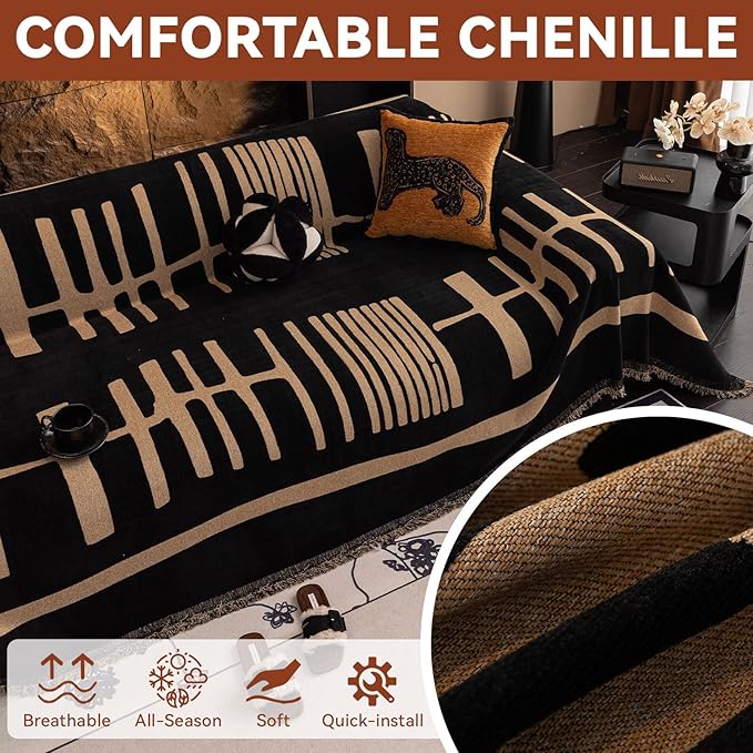 VClife Modern Couch Cover Washable Soft Couch Covers for 2 Cushion Couch Sofa, 1 PC Thick Soft Khaki Black Jacquard Sofa Cover for Sectional Couch (71"x118")