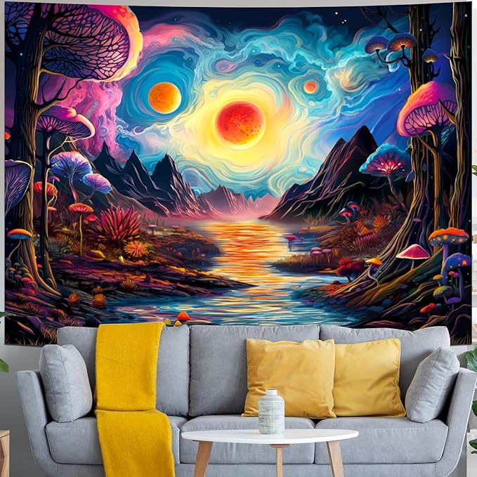 Generleo Fantasy Forest Mushroom Tapestry Galaxy Planet Tapestries Magical River Mountain Wall Decor Mysterious Starry Sky Tapestry Wall Hanging for Bedroom