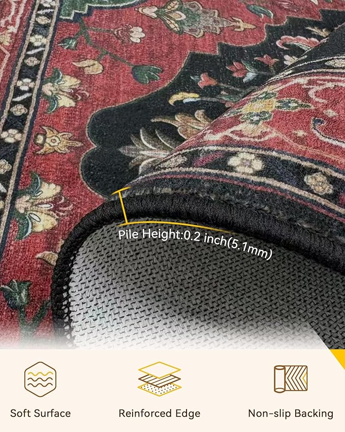 Area Rugs 5'x7' Washable Non-Slip, Floral Vintage Distress Print Pattern Medallion Carpet for Living Room Bedroom Dining Room, Red Black