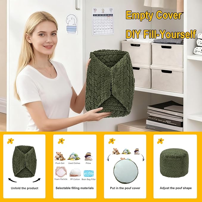 Asuprui 20x14 Inch Unstuffed Ottoman Pouf Cover – Lightweight Foot Rest, Floor Bean Bag Chair, Storage Pouf for Living Room, Bedroom & Balcony (Filler Not Included) (Green)