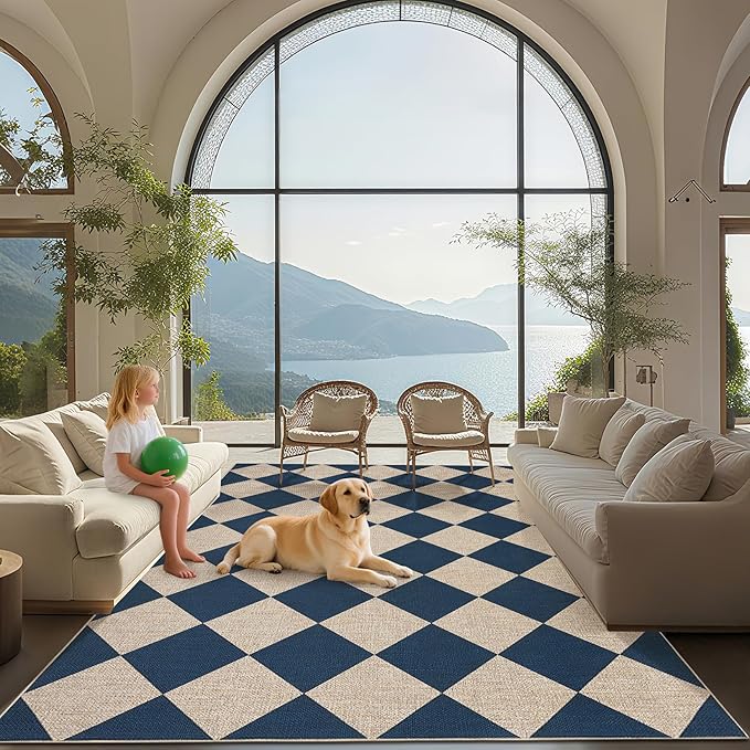 GarveeHome 9x12 Checkered Easy Jute Rugs for Bedroom Machine Washable Large Rugs Non-Slip Backing Modern Neutral Stain Resistance Carpets for Farmhouse Patio Dining Room Backyard Navy Blue