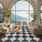 GarveeHome Checkered Easy Jute Area Rug 10x13 Machine Washable Non-Slip Stain Resistant Indoor Outdoor Rugs for Living Room, Bedroom, Kitchen, Dining, Patio Farmhouse Style Navy Blue