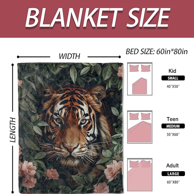 Tiger Floral Flannel Blanket 50x60in,Fierce Jungle Animal Face with Pink Flowers,Soft Lightweight Wild Animal Throw for Men,Women,Nature Lovers,Bedroom Couch Décor Gifts Blankets