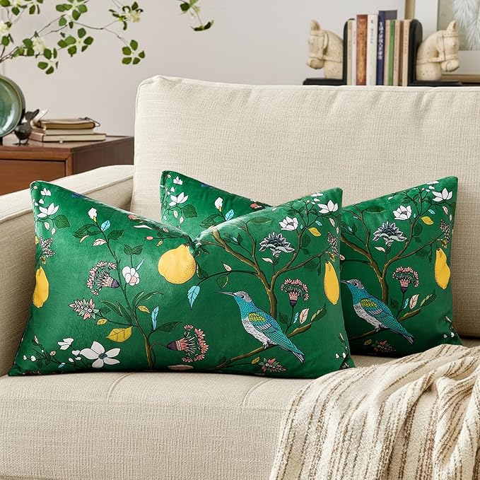 MUSSEL Dark Green Floral Pillow Covers 12x20 Set of 2, Velvet Wild Flower Plant Throw Pillows Case, Square Farmhouse Decor Cushion Covers for Home Sofa Bed Couch