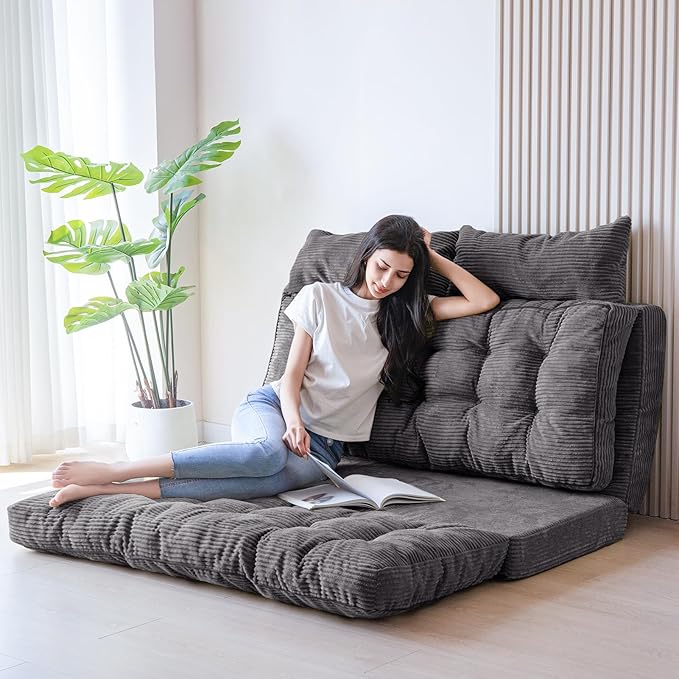 MAXYOYO Folding Sofa Bed, Tufted Bean Bag Bed with Pillows Floor Mattress for Adults, Extra Thick and Long Floor Sofa, Single Couch for Bedroom Living Room, Dark Grey, 30x91 Inch