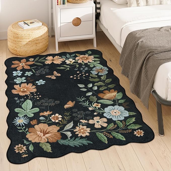 Lahome Floral Washable Rugs for Bedroom, 4X6 Living Room Rug Ultra-Thin, Non-Slip Soft Stain Resistant Boho Throw Carpet for ‎Office Entryway Dining Room Flore (4x6ft,Black/Grey)