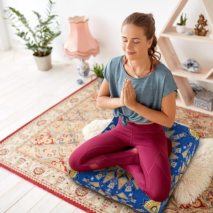 Mandala Meditation Cushion, Boho Meditation Mat, Meditation Pillows for Sitting on Floor, Cushions for Sitting in Home and Outdoor, Square Floor Pillow Cushion Seating for Yoga Accessories 22'' X 22''