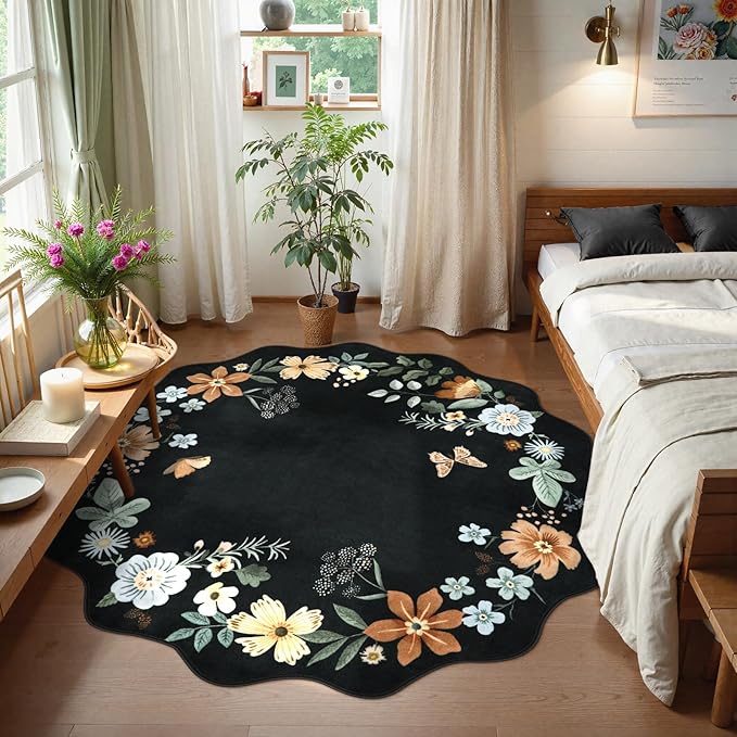 Lahome Floral Washable Round Rugs, Non-Slip Soft Round Rug 4ft Ultra-Thin, Small Boho Circle Carpet for Entryway Kitchen Bedroom Nursery Bathroom Flore, Black/Grey