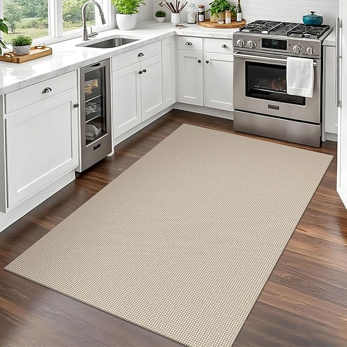 EARTHALL Woven Area Rug 3x5 Ft Washable Rugs for Entryway Braided Non Slip Rubber Backed Throw Rugs Door Mat Indoor Outdoor Entrance Cotton Carpet for Kitchen Foyer Front Door, Beige/Khaki