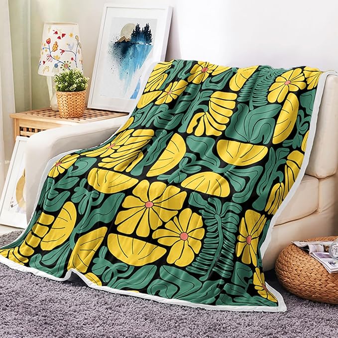 Boho Abstract Colorful Floral Throw Blanket, Vintage Retro Patchwork Yellow Green Flower Botanical Geometric Aesthetic Groovy Flannel Throw Blanket for Chair Bed Sofa Couch, 50X60IN