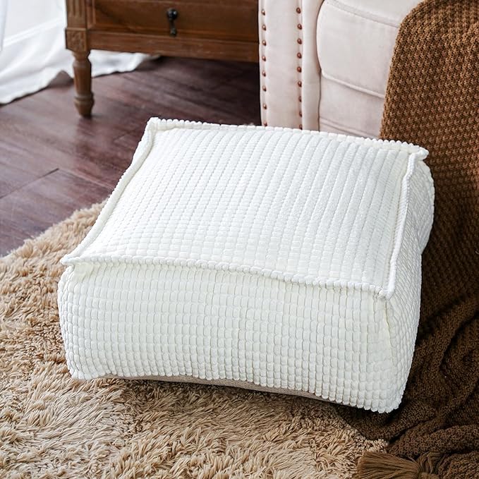 SUTAVIA Pouf Ottoman Cover Unstuffed Pouf Seat Decorative Soft Storage Bean Bag 20x20x8 Inches Square Floor Footrest for Living Room Bedroom (White, Square)