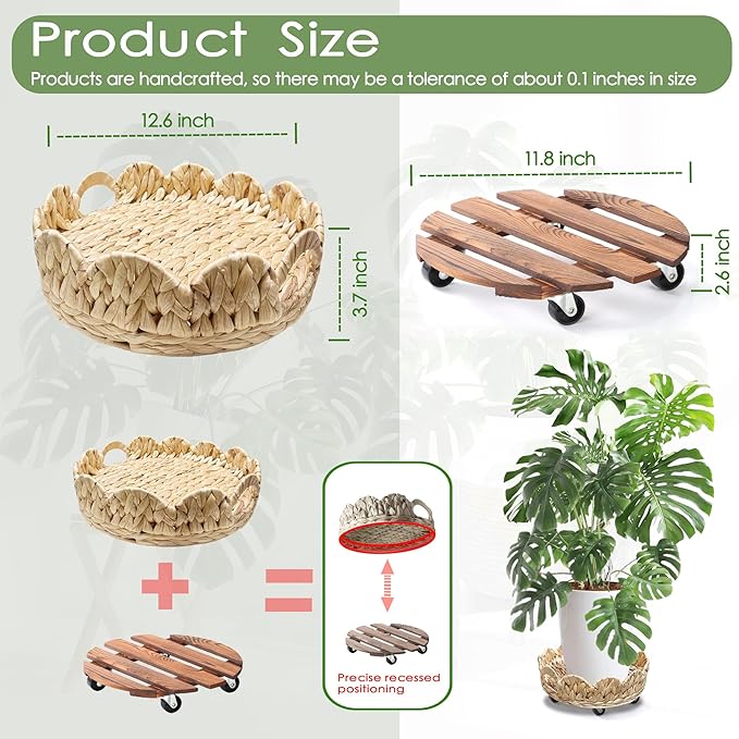 outdoor rattan plant stand round trays planter caddy with wheels, indoor wooden flower pots table decor wicker basket (Water Hyacinth)