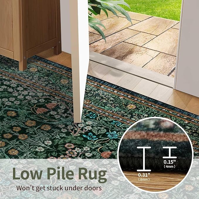 8x10 Area Rugs for Living Room, Large Washable Rug, Green Vintage Floral Boho Rug, Non Slip & Low Pile Faux Wool Thin Carpet for Indoor Dining Room and Bedroom(Dark Green 8x10ft)