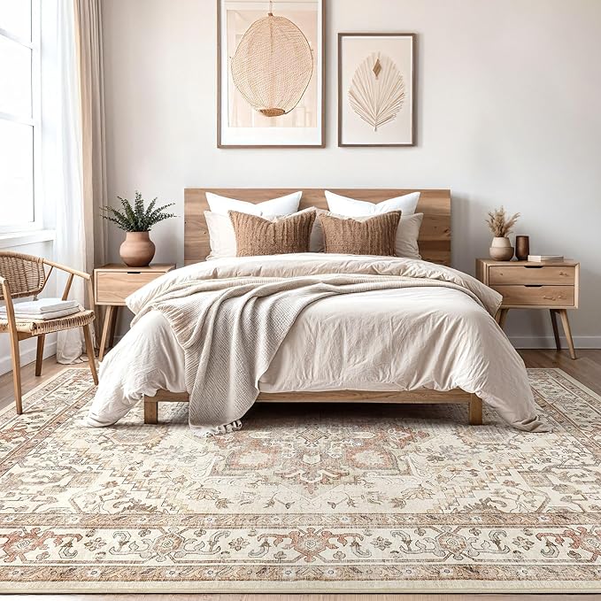 Washable Rug 8x10 Area Rugs: Boho Vintage Distressed Oriental Medallion Neutral Thin Large Rug Carpet for Living Room Bedroom Dining Room Home Office Decor - Beige