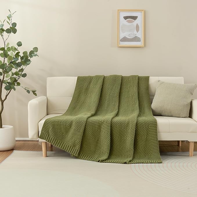 Knitted Throw Blanket 50"X60", Olive Green Knit Throws for Bed, Super Soft Boho Chevron Blankets for Couch Sofa Chair Room Decor, Textured Decorative Farmhouse Cozy Lightweight