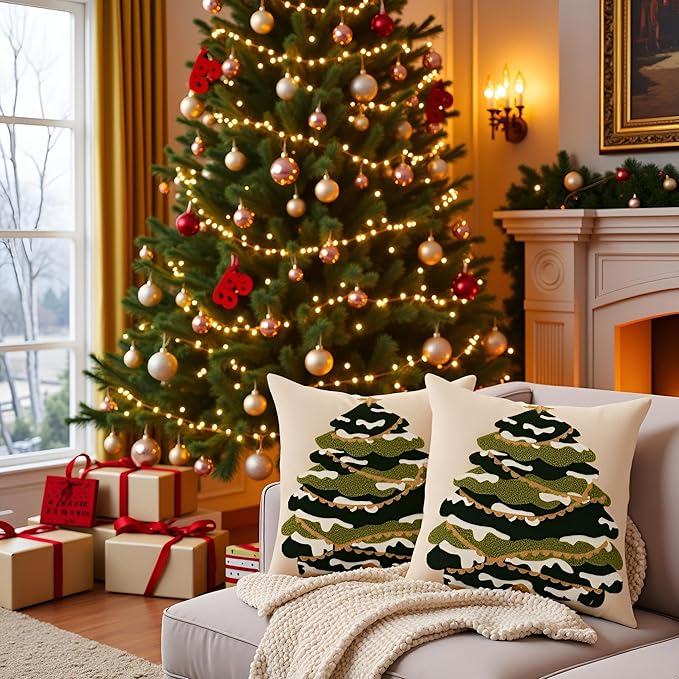 Tosleo Christmas Tufted Pillow Covers 18 x 18 inch Set of 2 Green Xmas Tree with Gold Star Throw Pillow Cover Party Decor Winter Holiday Embroidery Cushion Case for Sofa Couch Bed Living Room