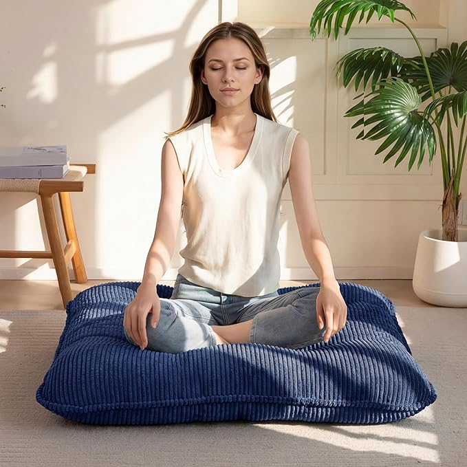 35" Washable Floor Pillow Cushion for Adults, Meditation Cushion Pillow, Extra Large Square Floor Sitting, Removable Tufted Corduroy Cover, for Tatami Living Room or Yoga, Navy, Machine Washable