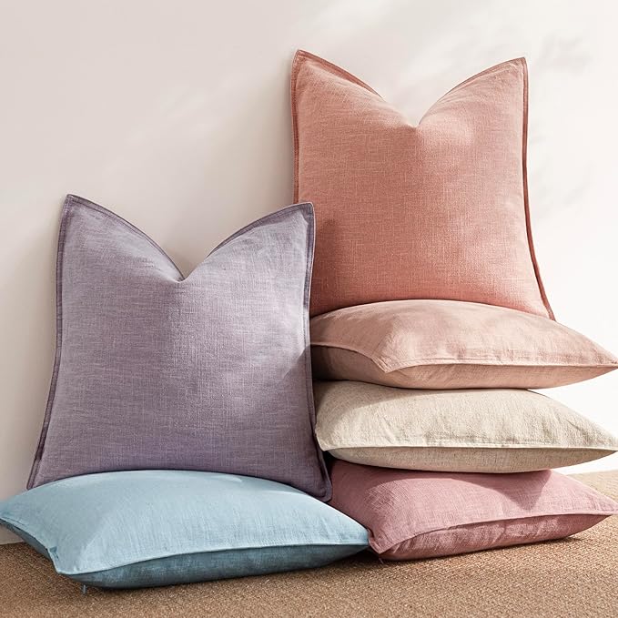Foindtower Pack of 2, Decorative Linen Soild Throw Pillow Covers Soft Accent Euro Cushion Case Boho Farmhouse Pillowcase for Chair Couch Sofa Bedroom Living Room Home Decor 26 x 26 Inch Coral Pink