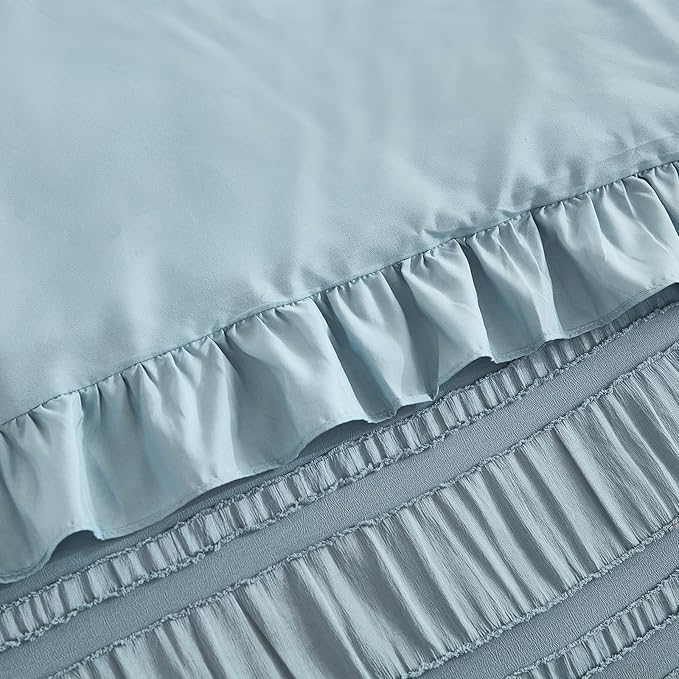 WONGS BEDDING Blue Comforter Set Queen,3 Pieces Ruffle Farmhouse Shabby Chic Boho Comforter for Queen Bed,Soft Seersucker Textured Bedding Set with 1 Ruffle Comforter,2 Tufted Pillowcases 90"×90"