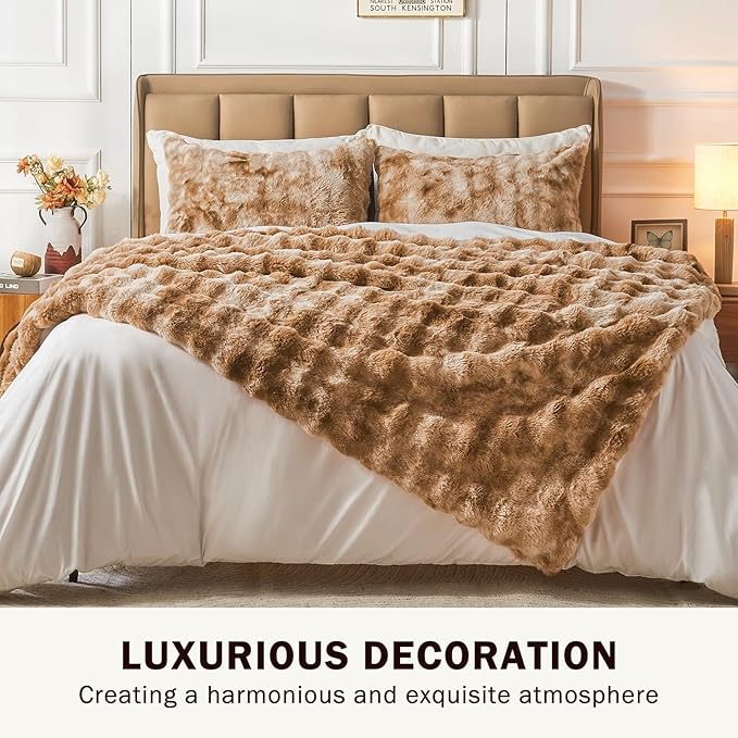 EMME Faux Fur Blanket Queen Size Tie Dye Brown - Big Bubble Rabbit Cozy Blanket for Couch, Thick Furry Plush Shaggy Blankets, 650GSM, 90x90 Inches