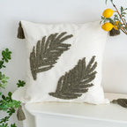 Linen Green Leaf Throw Pillow Cover, Tasseled Square Pillowcase with Tufted Tropical Fern Leaves, Modern Decorative Sham for Rustic Spring Summer Home Outdoor Decor, 18x18 inches, 1PCS