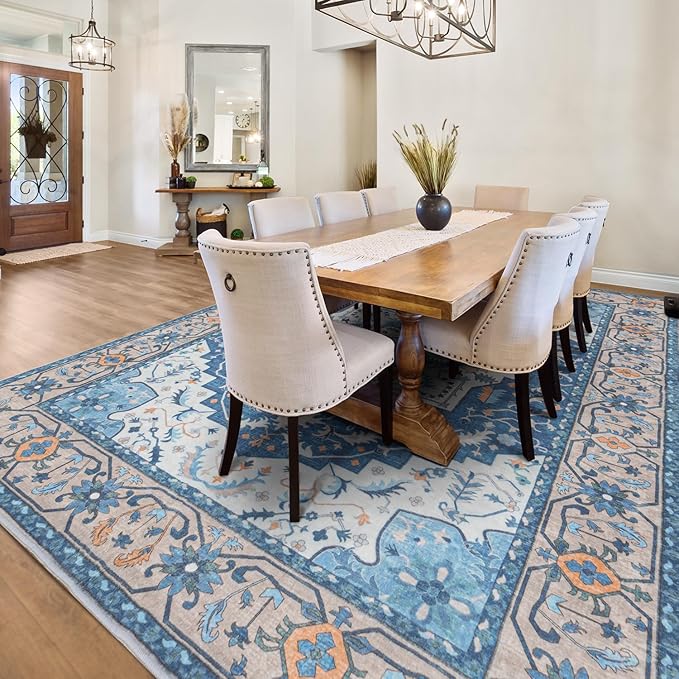 Lessymo Washable Area Rugs 6x9- Boho Area Rug Low Pile for Bedroom Living Room Kitchen, Ultra-Soft Faux Wool Vintage Area Rug with Non-Slip Rubber, Kid & Pet Friendly, Blue Brown
