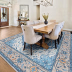 Lessymo 5x7 Area Rugs- Machine Washable Area Rugs, Super Soft Faux-Wool Area Rug for Living Room Bedroom, Boho Area Rug Vintage Floral Medallion Non-Slip Low Pile, Kid & Pet Friendly, Blue Brown
