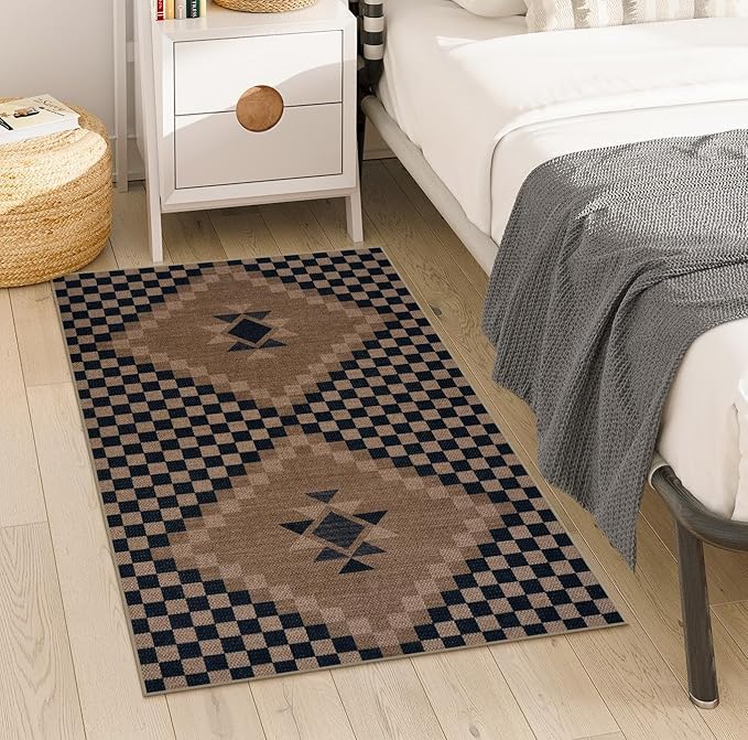LIVEBOX Easy Jute Washable Rugs 3x5, Modern Checkered Kitchen Rugs Non Slip, Ultra Thin Door Rug for Entryway Indoor, Farmhouse Black and Tan Rug for Outdoor Front Porch Patio Courtyard