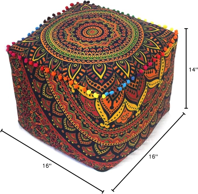 CRAFT KALA Square Mandala Floor Pillow Cushion Cover Seating Throw Cover Hippie Decorative Bohemian Ottoman Poufs Cover Pom Pillow Cases Cotton Living Room Home Décor 16X16X14 inches, New Blue Ombre