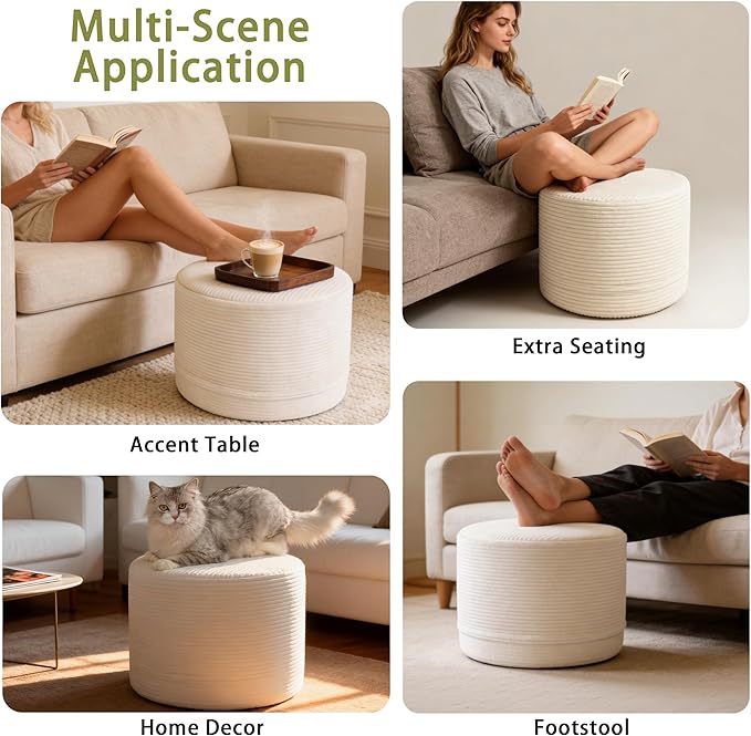 Thgonwid Corduroy Stuffed Round Pouf Ottoman, Foot Stool with One-Piece Cut High-Density Memory Foam, Furry and Fluffy Footstool, Compact Pouf Footrest for Living Room Bedroom, 17"x13", Cream White