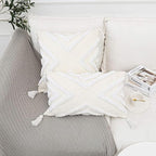 Boho White Throw Pillow Cover 18x18 Inch with Tassels, Geometric Tufted Decorative Cream Chenille Fabric Accent Textured Cushion Case for Bed Couch, 1 PC Cover Only No Insert