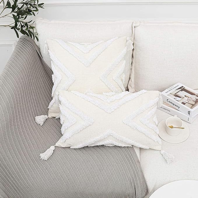 Boho White Throw Pillow Cover 18x18 Inch with Tassels, Geometric Tufted Decorative Cream Chenille Fabric Accent Textured Cushion Case for Bed Couch, 1 PC Cover Only No Insert
