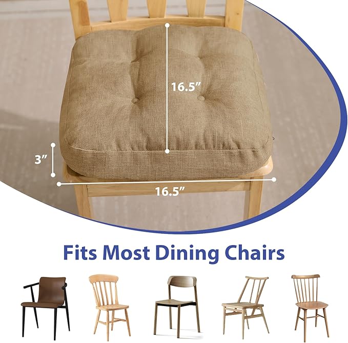 Chair Cushions for Dining Chairs, Dining Chair Cushions, Tufted Indoor Chair Pads with Ties & Non Slip Backing, Seat Cushions for Kitchen Chairs 16.5” x 16.5” x 3.5”, Set of 2, Khaki
