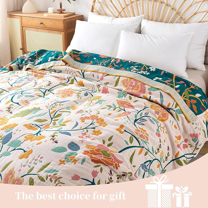 Boho Throw Blanket for Bed - 100% Pure Cotton Ultra Soft Rustic Quilt - Farmhouse Decor Bed Blankets, All Season Rustic Throw for Sofa Couch Chair(60"×80", Boho Floral)