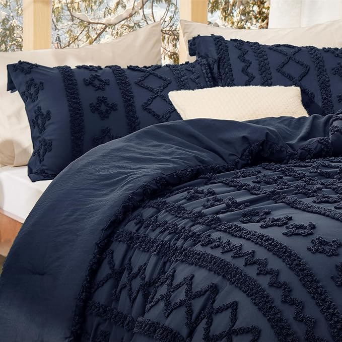Bedsure Tufted Boho Comforter Set King Size - Navy Boho Bed Set, GentleSoft™ 3 Pieces Farmhouse Shabby Chic Embroidery Bedding, Gifts for Woman, Soft Jacquard King Comforter for All Seasons