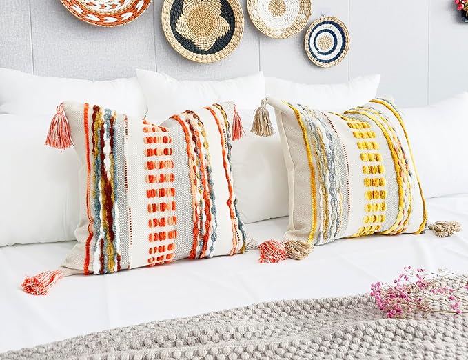 Boho Throw Pillow Covers 18x18 Aesthetic Neutral Boucle Couch Pillow Cover Rainbow Striped Decorative Accent Pillow Case for Couch Bed Sofa Farmhouse Bedroom,Modern Funky,Set of 2 Red