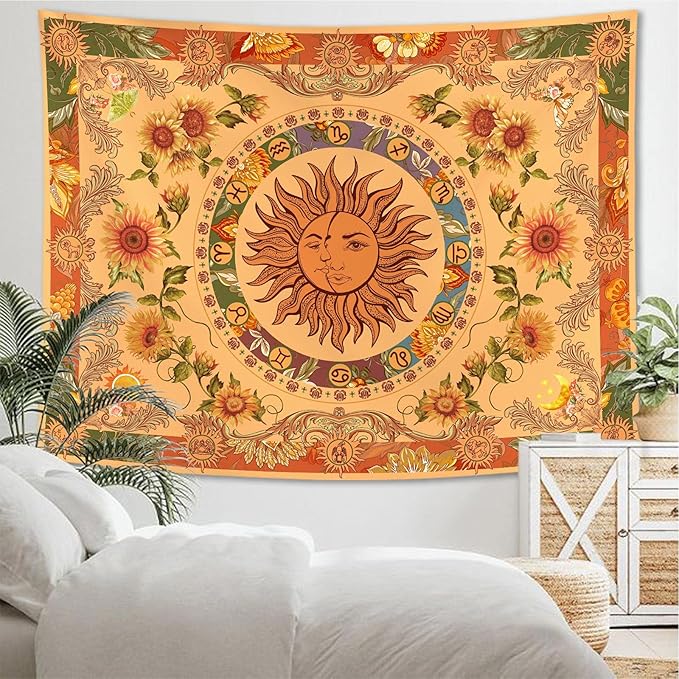Accnicc Yellow Sun and Moon Tapestry Vintage Indie Boho Tapestry Wall Hanging with Sunflowers Butterfly Moth Constellation Aesthetic Wall Tapestries for Bedroom Dorm Living Room (Orange, 60'' × 50'')