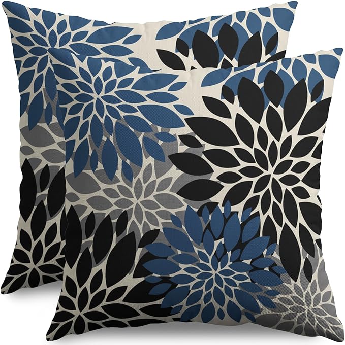 Black Blue Pillow Covers 18X18 Inch Set of 2, Spring Summer Floral Dahlia Flower Cream Decorative Throw Pillow Covers Outdoor Modern Farmhouse Cushion Case for Home Couch Sofa Bed Decor