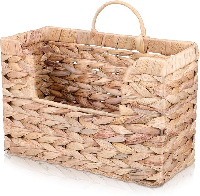 Woven Hanging Magazine Holder Water Hyacinth Storage Basket Wall Mounted Wicker Organizer Boho Modern Farmhouse Book Rack with Handle File Newspaper Mail Holder for Home Office