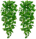 BLEUM CADE 2Pcs Fake Hanging Plants, 9 Branch Artificial Hanging Plant, Lush Faux Pothos Vines for Home Room Wall Shelf Porch Outdoor Indoor Decor (No Baskets)