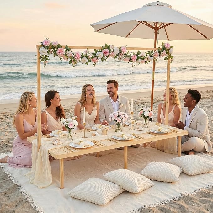 91 x 71 Extra Large Outdoor Boho Picnic Blanket with White Table Runner, 6 Throw Pillow Covers 6 Napkins Woven Cotton Yarn Oversize Beach Blanket Washable Picnic Camp Wedding