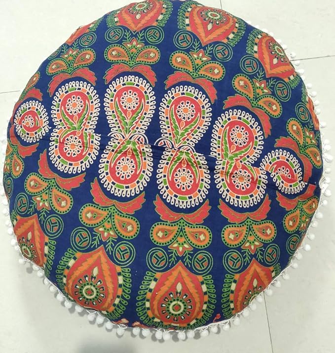 ICC 24" Orange Peacock Mandala Barmeri Large Floor Pillow Cover Cushion Meditation Seating Ottoman Throw Cover Hippie Decorative Zipped Bohemian Pouf Ottoman Pom Pom Cases 24" Round