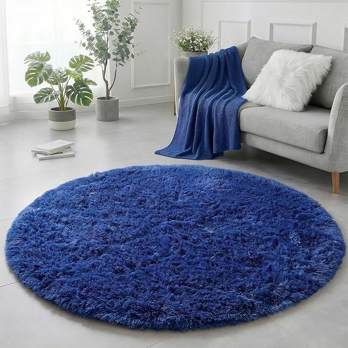 Amdrebio Navy Blue Round Rug 4Ft for Boys Room Bedroom, Circle Area Rugs for Kids Room, Living Room Decor Aesthetic, Fluffy Shag Fur Throw Royal Dark Blue Carpet for Preppy Dorm Playroom Baby Nursery