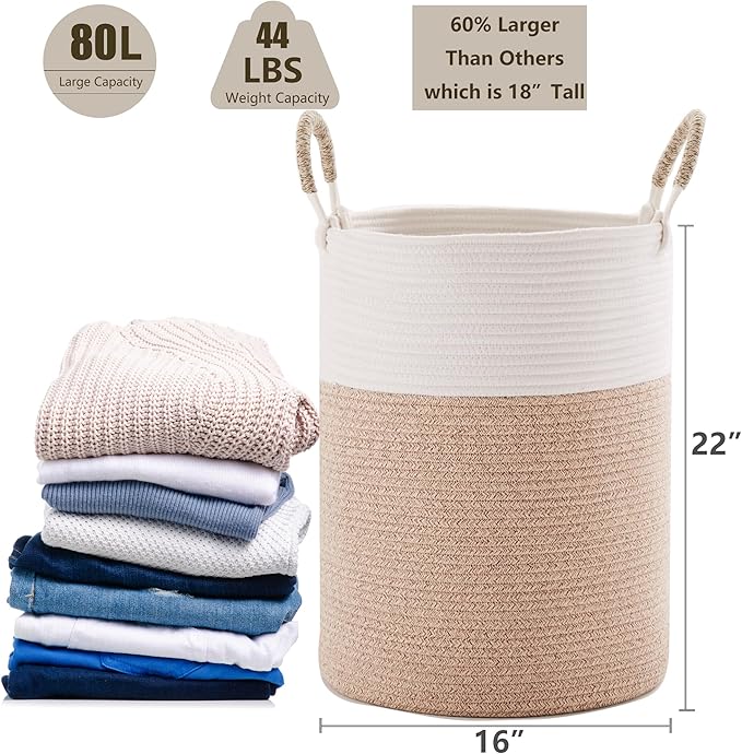 80L Large Hamper Laundry Basket Tall Woven Rope Clothes Hamper Blanket Basket in Living Room Bathroom Bedroom Brown 16"L x 16"W x 22"H