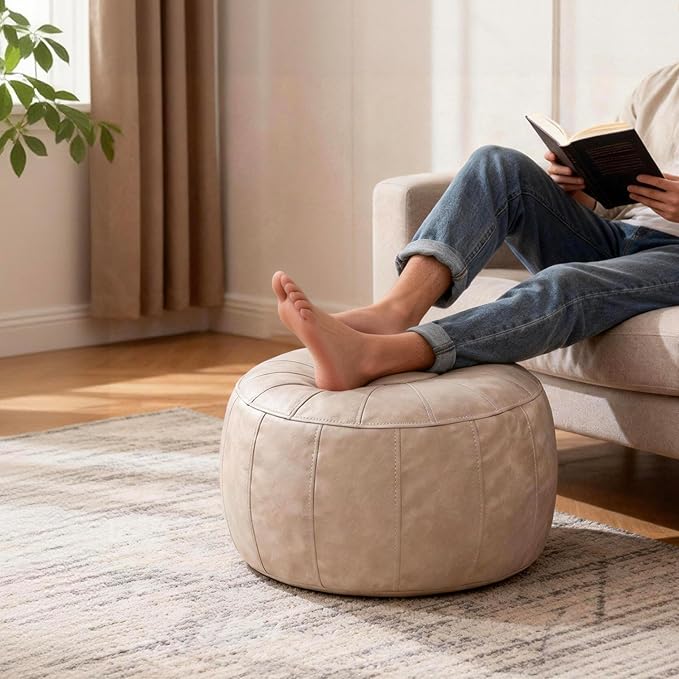 Thgonwid Unstuffed Moroccan Storage Pouf Foot Stool Ottoman Seat Handmade Faux Leather Bean Bag Floor Chair Foot Rest for Living Room, Bedroom or Balcony (Mushroom)